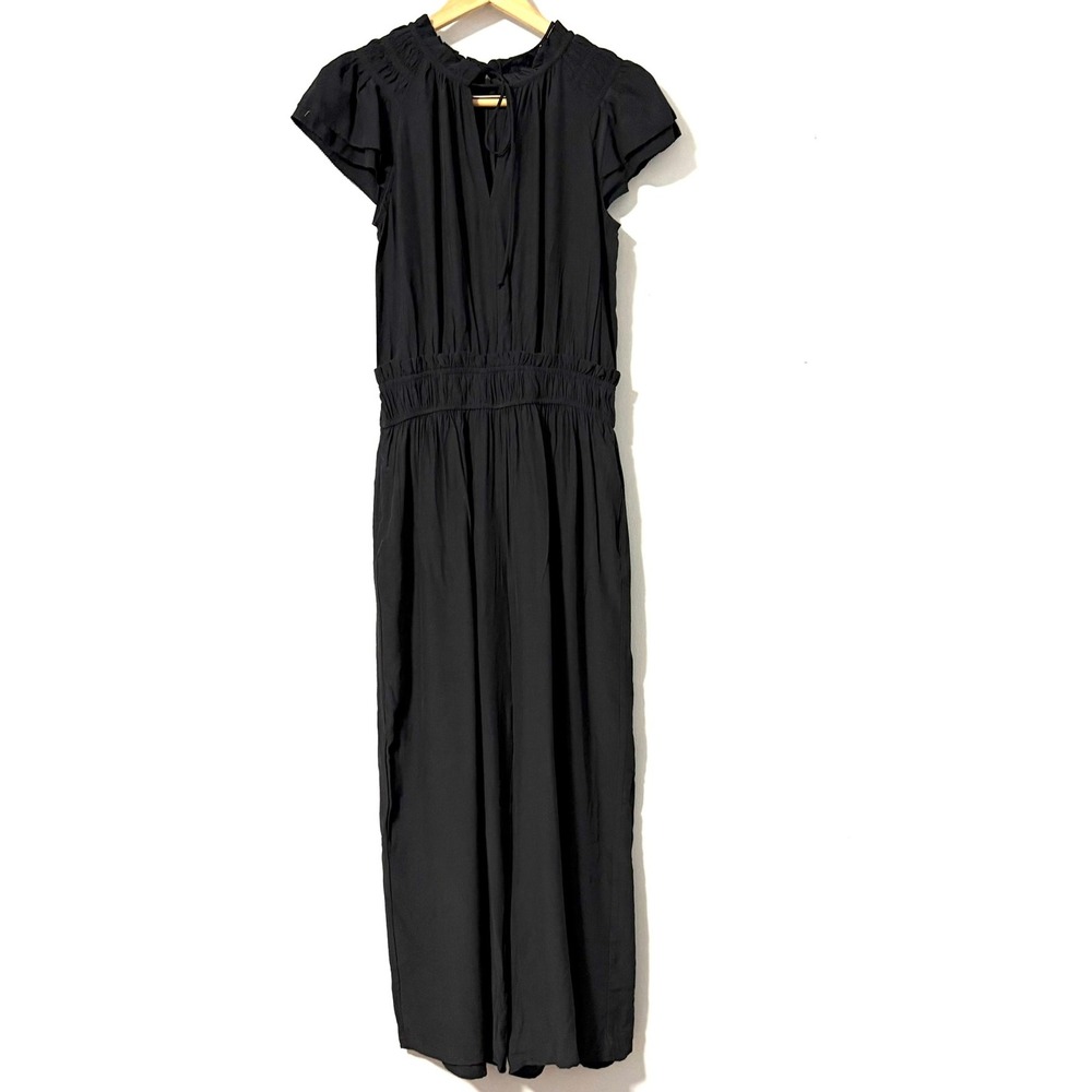 Grade & Gather Black Smocked Waist Ruffle Sleeve Cropped Wide Leg Jumpsuit Small